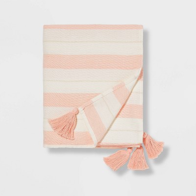 Image of 50"x60" Woven Striped with Tassel Throw Pink/White - Pillowfort™