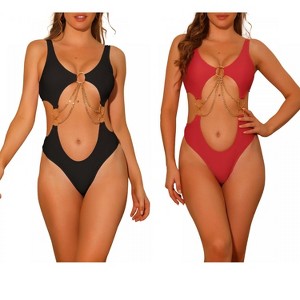 INSPIRE CHIC Women's Gold Chain V Neck Cut Out Solid Color Monokini Swimwear Bathing Suit 2 Set - 1 of 4