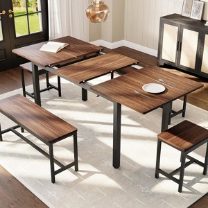 Extendable Dining Table Set for 6-8 People, Farmhouse Style Wooden Table with 2 Benches and 2 Stools, Space Saving Kitchen Dining Room Furniture Set - 1 of 4