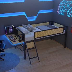 KTMBDW Low Loft Bed Twin/Full Size with Desk Gaming, Metal Loft Bed with LED and Storage Space, Safety Guard and Ladder, No Box Spring Needed - 1 of 4
