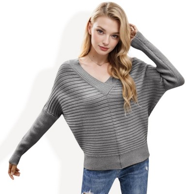 Anna-Kaci Women's Oversized V-Neck Ribbed Knit Sweater with Dolman Sleeves for Casual Looks
