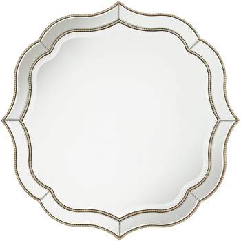 Noble Park Laureen Scalloped Round Vanity Wall Mirror Modern Beveled Glass Champagne Gold Beaded Frame 32" Wide for Bathroom Living Room Home Entryway