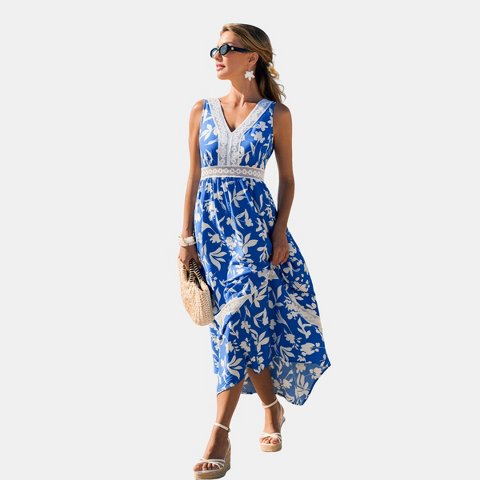 Женские платья Cupshe Women's Maxi Dress Flattering Floral Print Lace Trim-M-Blue