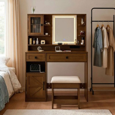 Resenkos Farmhouse Makeup Vanity Desk with Mirror and Lights,Dressing Table Set, Rustic Brown