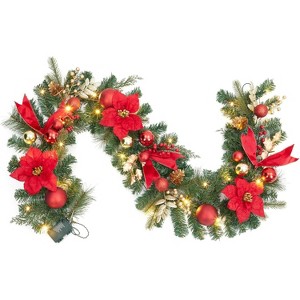 Christmas Garland with 20 LED Lights, 6ft Pre Lit Xmas Garland with Artificial Flowers Berries Ball Ornaments for Mantle Fireplace Stairs - 1 of 4