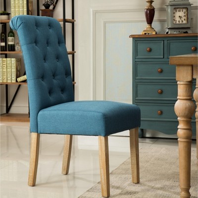 Blue Linen Tufted Parsons Dining Side Chair Set with Wood Legs