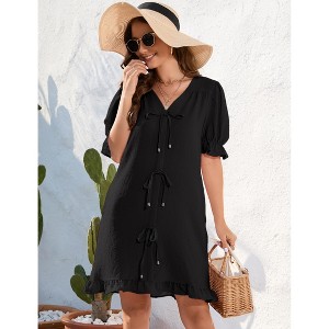 Women Summer Tunic Dress V Neck Short Sleeve Casual Loose Flowy Swing Babydoll Shift Dresses with Pockets - 1 of 4