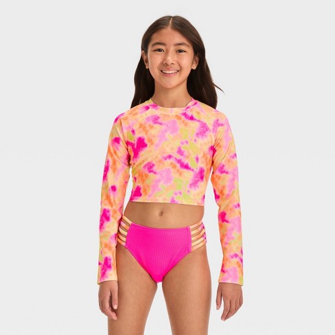 Girls Swim Set With Long Sleeve Rash Guard, Swim Shorts, And Sunglasses,  Toddlers Ages 4t (purple - Tie Dye) : Target