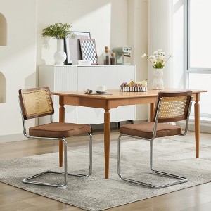 Kumasinova Mid-Century Modern Dining Chairs Set of 2,Linen Upholstered Armless Office Chairs with Stainless Chrome Base&Rattan Back,360lbs Max - 1 of 4
