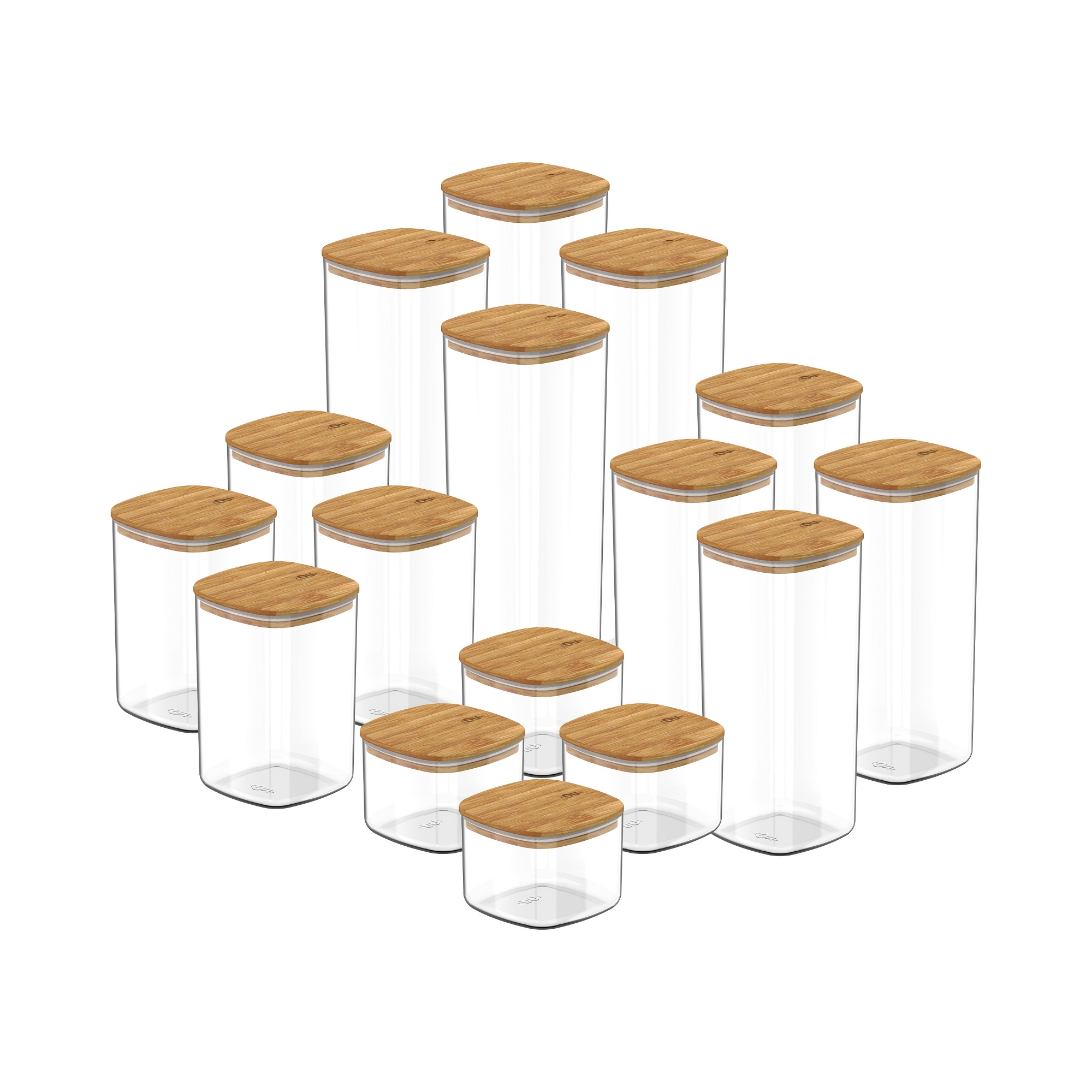 OU Food Storage Container Set 32pc (set of 16) Clear Airtight Plastic Containers, Leak Proof Bamboo Lids, Stackable Kitchen Pantry Organizer Jars