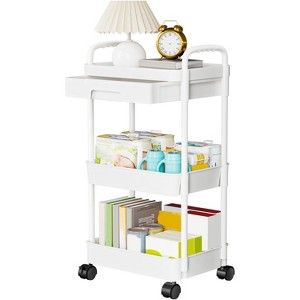 NewHome"3-Tier Rolling Utility Cart with Lockable Wheels, Rotatable, Hollow Design for Kitchen & Bathroom"Black&White - 1 of 4