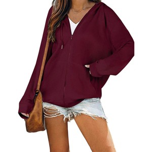 Women's Zip Up Loose Fit Hooded Jackets Comfy Solid Color Long Sleeve Casual Waffle Sweatshirts with Pockets - 1 of 4