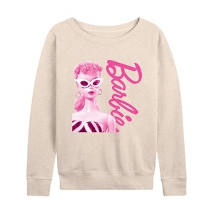 Women's - Barbie - Pink Doll Closeup Lightweight French Terry Wide Neck Long Sleeve Shirt - 1 of 4