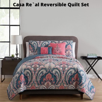 Coral and Blue Reversible Microfiber King Quilt Set