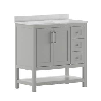 Emma and Oliver Bathroom Vanity, Single Sink Cabinet with 2 Soft Close Doors, Open Shelf and 3 Drawers, Carrara Marble Finish Countertop