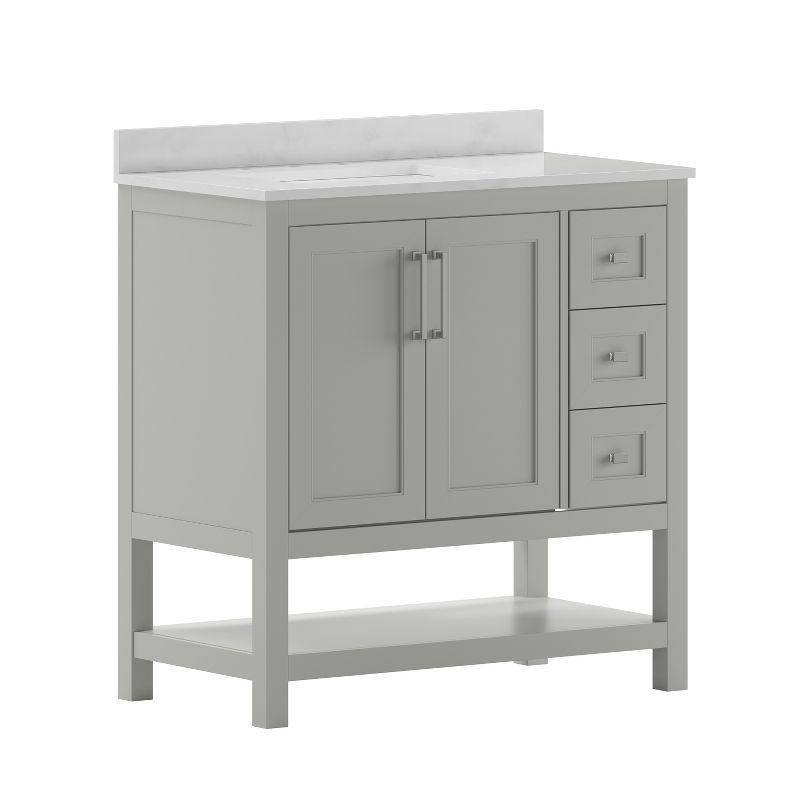 Emma and Oliver Bathroom Vanity, Single Sink Cabinet with 2 Soft Close Doors, Open Shelf and 3 Drawers, Carrara Marble Finish Countertop, 1 of 13