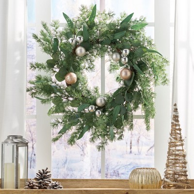 26" Pine Needle Wreath With Ball, Christmas Wreaths For Front Door Outside, Green Wreath, Christmas Window Wreaths