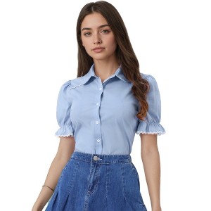 Allegra K Women's Vintage Short Sleeve Peter Pan Collar Button Down Shirt - 1 of 4
