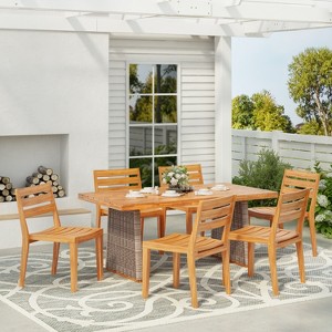 Christopher Knight Home Penelope Rustic 7 Piece Outdoor Acacia Wood Slatted Dining Set with Rattan Table - 1 of 4