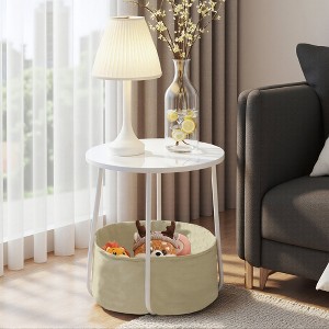 FurnitureR 2-Tier Round Side Table with Fabric Storage Basket, Small End Table with Metal Frame for Living Room, Bedroom, Office, or Dorm, White - 1 of 4