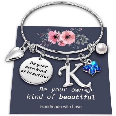 Butterfly Initial Bracelets for Teen Girls and Women with Crystal Butterfly and Pearl, Expandable Bangle