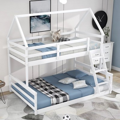 Twin Over Full House Bunk Bed, Wood Loft Bed Frame with Ladder & Safety Guardrail Bunk Bed