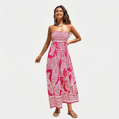 Женские платья Cupshe Women's Tropical Leaf Print Maxi Dress - Cupshe-M-Pink