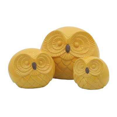 Sagebrook Home Set of 3 Ceramic Owl Figurines - Contemporary Boho Decorative Yellow Family of Owls Sculptures - Table Decor for Home or Office