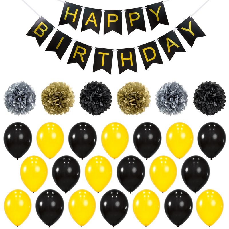 Best Choice Products Birthday Party Balloon Decor Set w/ Happy Birthday Banner, 6 Pom-Poms, 20 Balloons - Gold/Black, 1 of 6