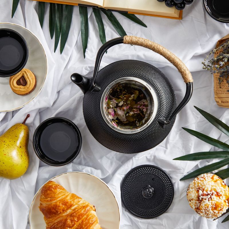 Juvale Hobnail Black Cast Iron Tea Kettle for Stovetop - Japanese Tea Pot Set with Infuser, Trivet, Warmer, 4 Teacups, 40 oz, 4 of 9