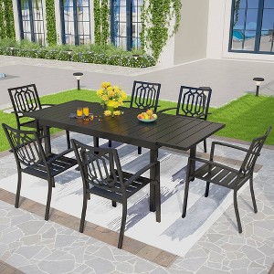 Captiva Designs 7pc Patio Slat-top Rectangle Dining Steel Table & Armrest Metal Chairs - 1 of 4