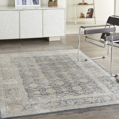 Navy and Beige Floral Chenille Rectangular Area Rug