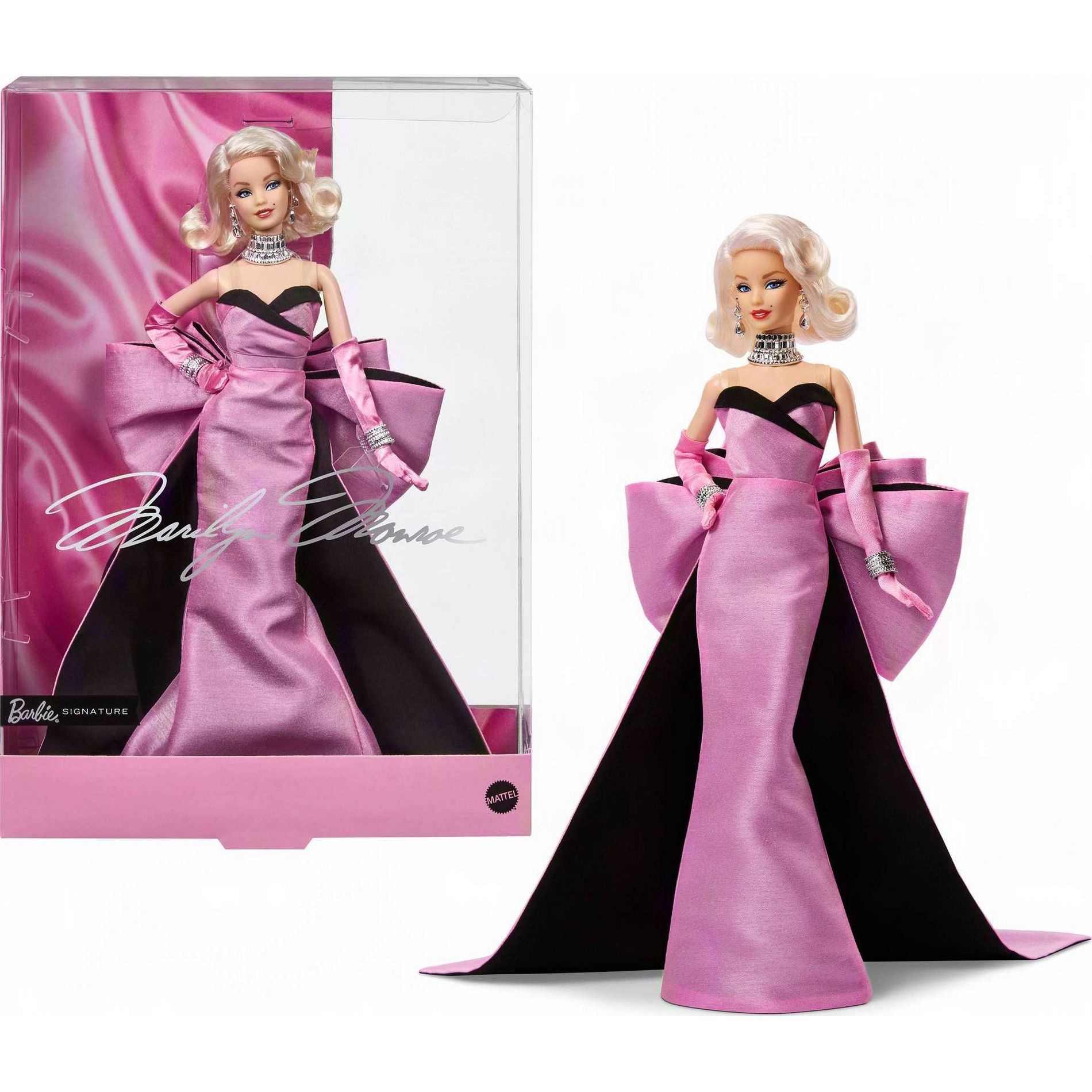 Marilyn Monroe Barbie Signature Collectible Doll Wearing Iconic Pink Dress from the Film and “Diamonds” Jewelry