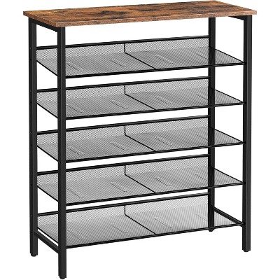 MaseiKar Industrial Shoe Rack, 6-Tier Shoe Shelf, Storage Organizer Unit with 5 Mesh Shelves, Wood Look Accent Furniture for Entryway, Living Room
