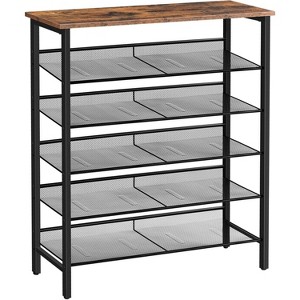 MaseiKar Industrial Shoe Rack, 6-Tier Shoe Shelf, Storage Organizer Unit with 5 Mesh Shelves, Wood Look Accent Furniture for Entryway, Living Room - 1 of 4