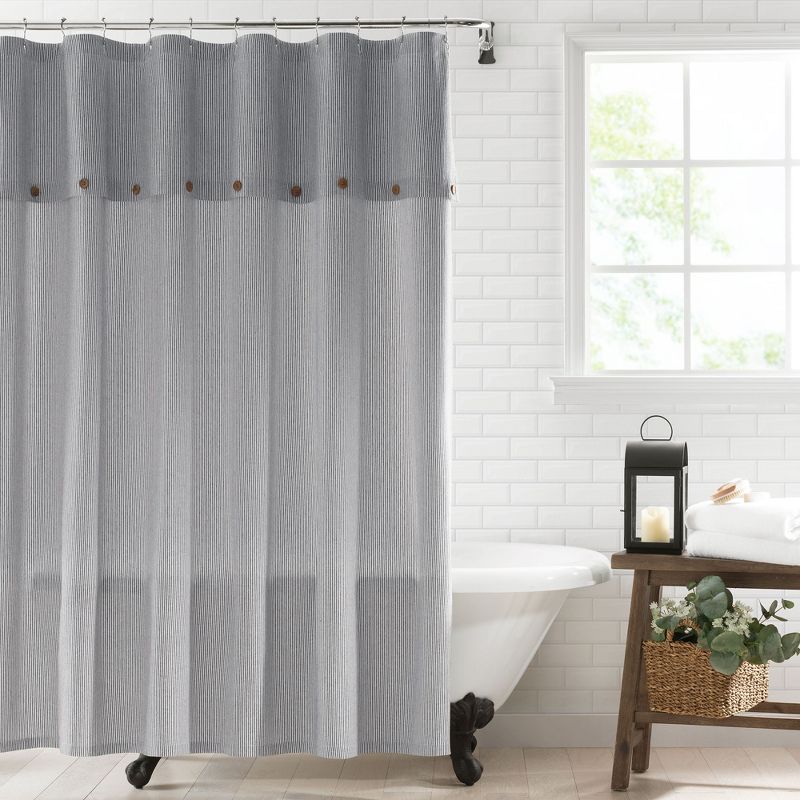 Tucker Ticking Stripe Button Fabric Shower Curtain - 72" x 72" - Elrene Home Fashions, 1 of 5
