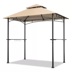 Tangkula 8'x 5'BBQ Grill Gazebo 2-Tier Barbecue Canopy Vented Top Shelves Shelter Khaki