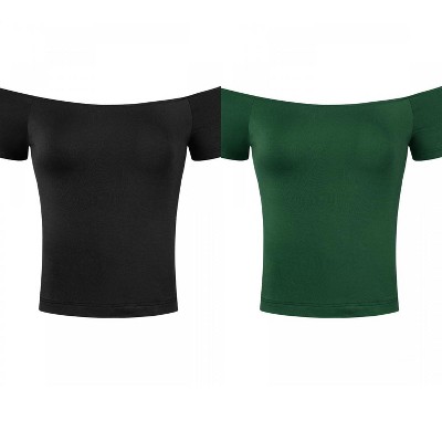 Allegra K Women's Short Sleeves Off The Shoulder Stretchy Fabric Solid Crop Top 2 Packs