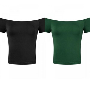 Allegra K Women's Short Sleeves Off The Shoulder Stretchy Fabric Solid Crop Top 2 Packs - 1 of 4