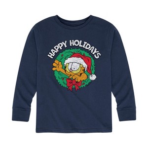 Boys' - Garfield - Happy Holidays Wreath Long Sleeve Graphic T-Shirt - 1 of 4