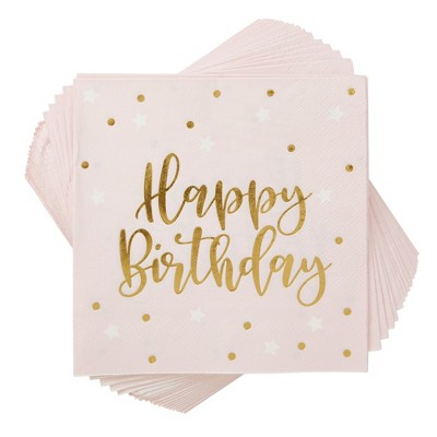 Sparkle and Bash 50 Pack Pink Happy Birthday Napkins with Gold Foil Stars for Party Supplies, 6.5 x 6.5 In