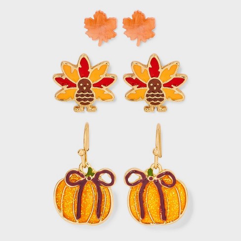 Pumpkin Turkey And Leaf Stud Earring Set 3pc Orange red Target