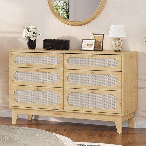Jojoka 52" Wide 6 Different Drawer Double Dresser for Bedroom, Boho Rattan Dresser Ganlly with Charging Station for Bedroom, Living Room, Hallway - 1 of 4