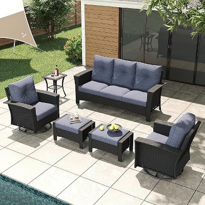 LayinSun Wicker Patio Furniture Set with Fire Pit Table, Classis Outdoor Conversation 360 Degree Swivel Chairs Set with Coffee Table