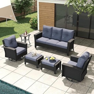 LayinSun Wicker Patio Furniture Set with Fire Pit Table, Classis Outdoor Conversation 360 Degree Swivel Chairs Set with Coffee Table - 1 of 4