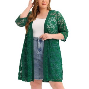 Agnes Orinda Women's Plus Size Lace Floral Sheer Open Front 3/4 Sleeve Casual Long Cardigans - 1 of 4