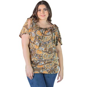 24seven Comfort Apparel Womens Plus Size Brown Paisley Short Sleeve Split Shoulder Top - 1 of 4