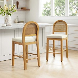 Spruce&Spring Boho Upholstered Rattan Counter Bar Stool with Wood Frame, Set of 2, Walnut - 1 of 4