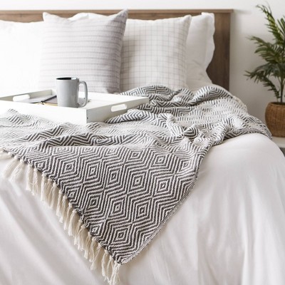 Gray and White Cotton Geometric Throw Blanket with Fringe