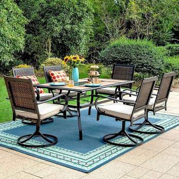 7pc Patio Dining Set with 360 Swivel Chairs with Cushions and Rectangle Steel & Plastic Tabletop - Captiva Designs